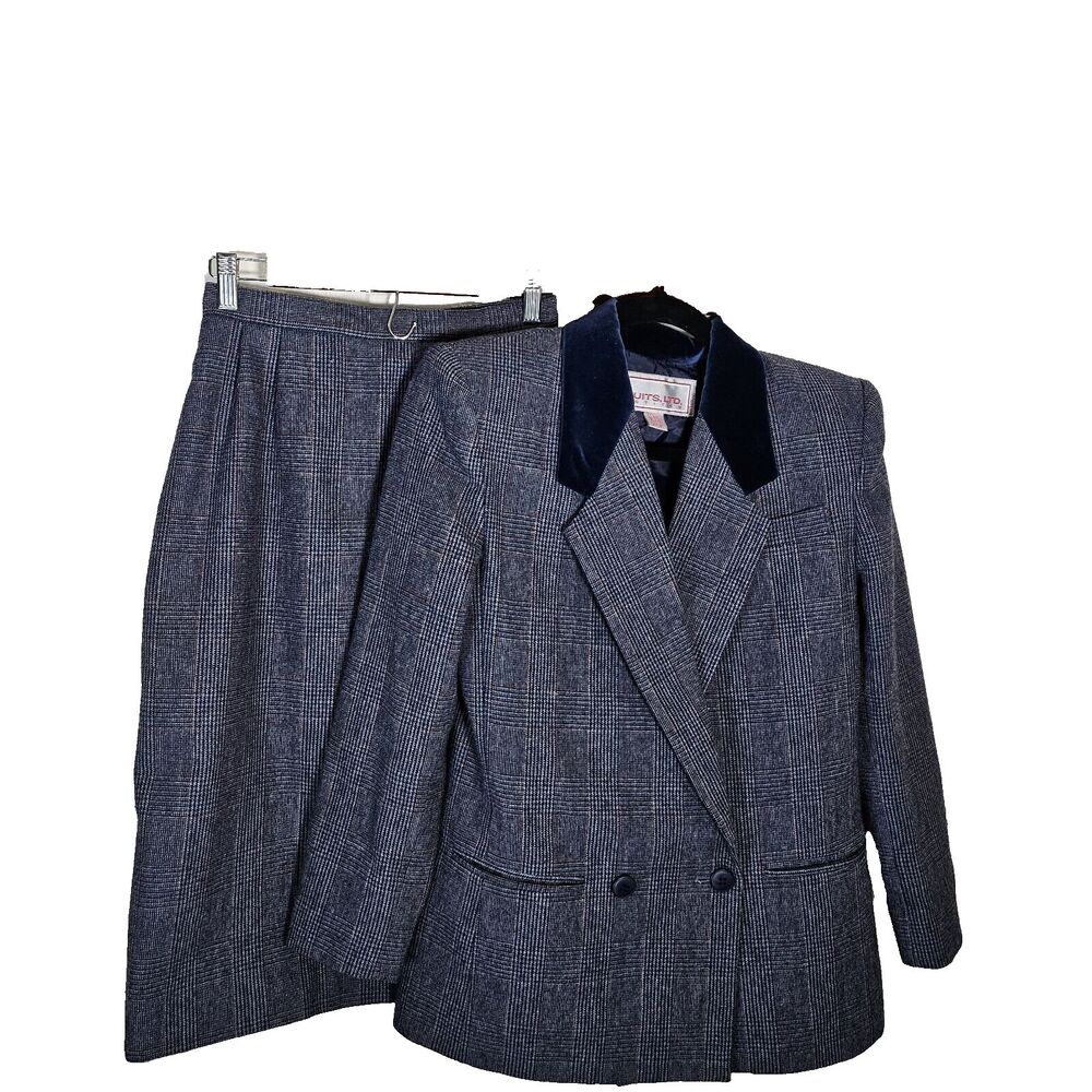 Suits, Ltd womens vintage navy plaid suit size 6 petite wool blend velvet collar